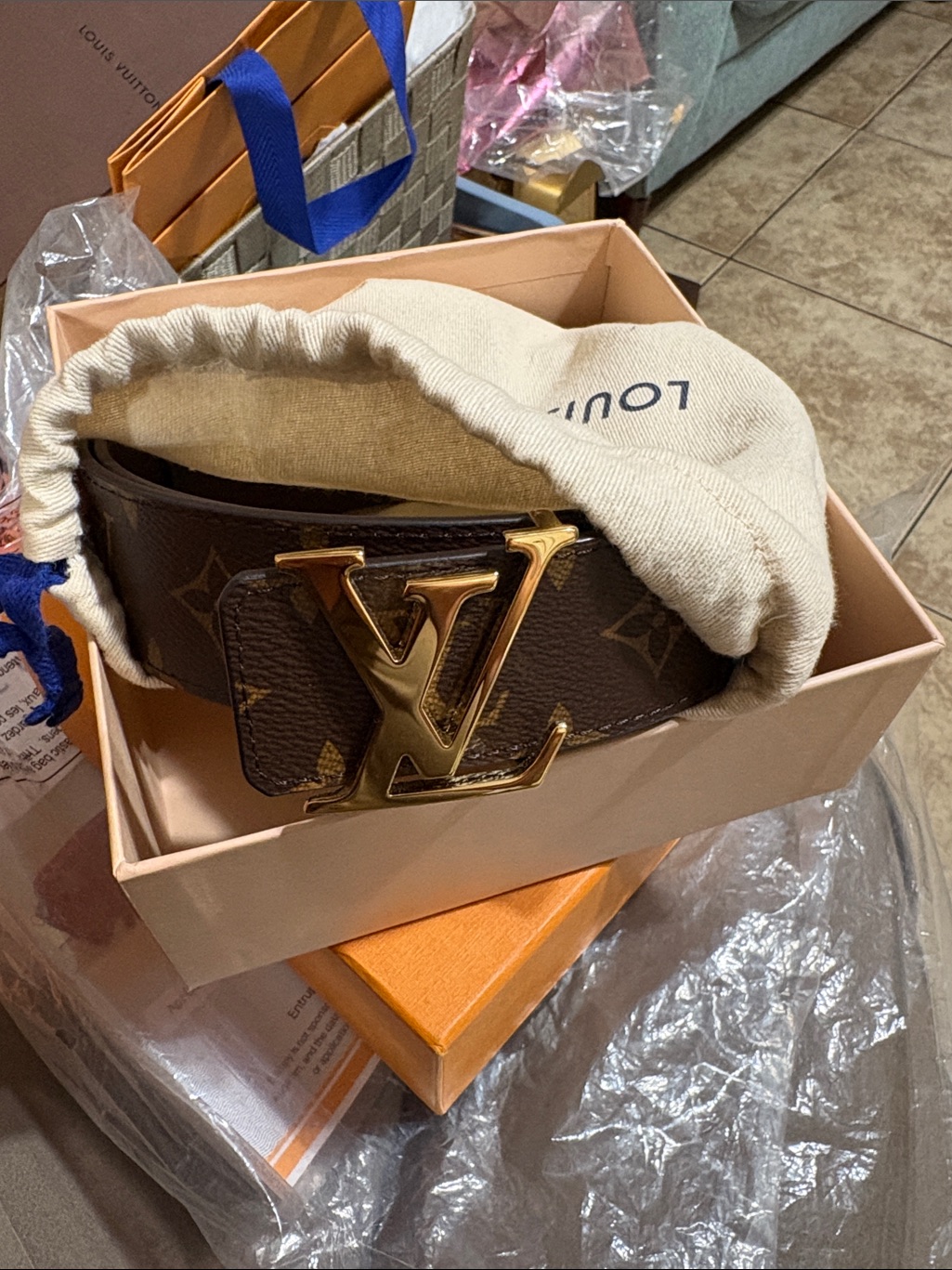 Louis Vuitton Brown Monogram Belt With Gold Lv Buckle